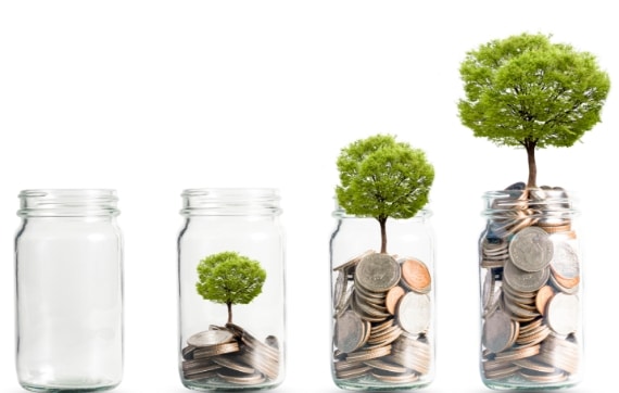 An image of four jars, each with different levels of money, increasing in ascending order, each has a tree growing from the jar getting bigger as more money is added.